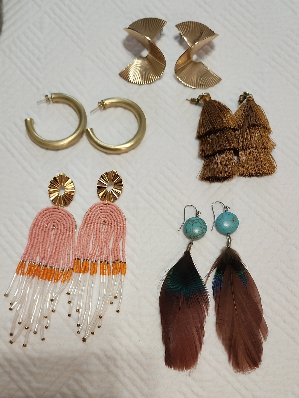 5 Earrings!!!!!!  Gold, Tassels, Beads, Feather